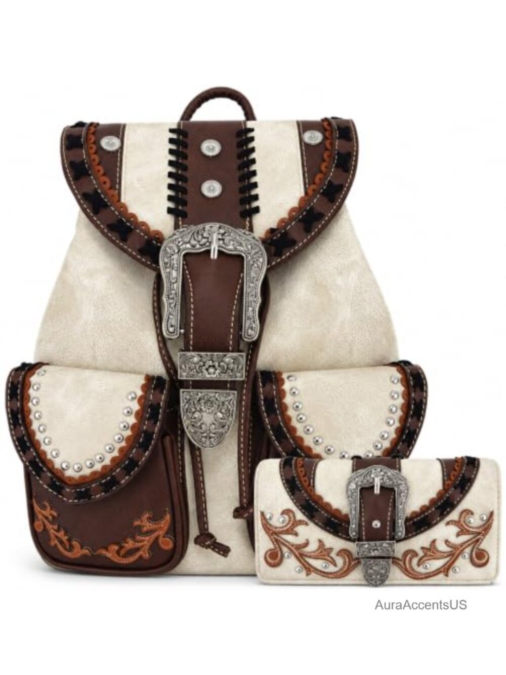 Western Tooled Buckle Studded Floral Leather Backpack Wallet Set Women Country